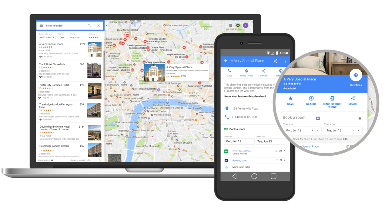 Google Promoted Hotels en dispositiu mòbil i ordinador portàtil